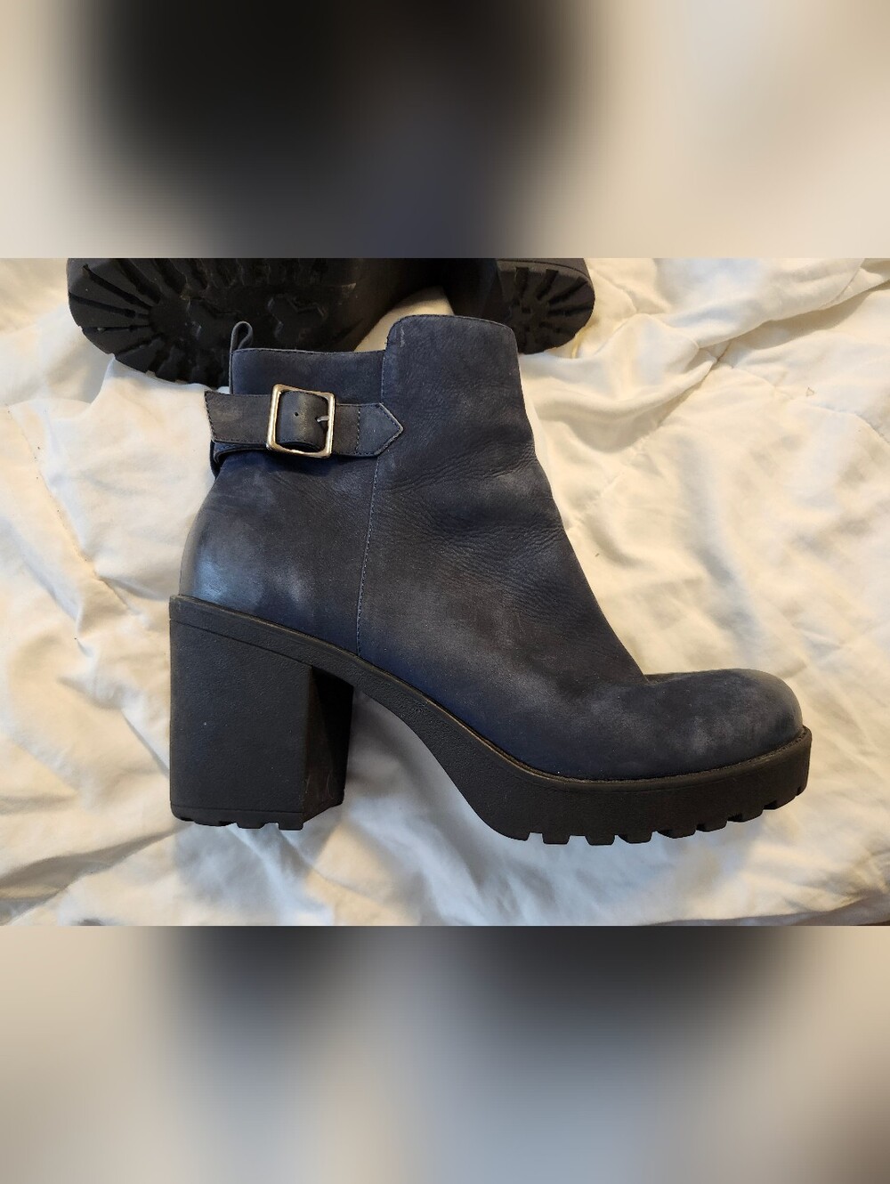 Women's Blue Suede Chunky Heel Ankle Boots